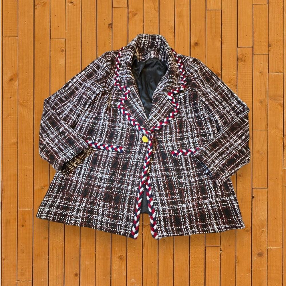 Shein Red White Blue Plaid Knit Career Blazer Size Large